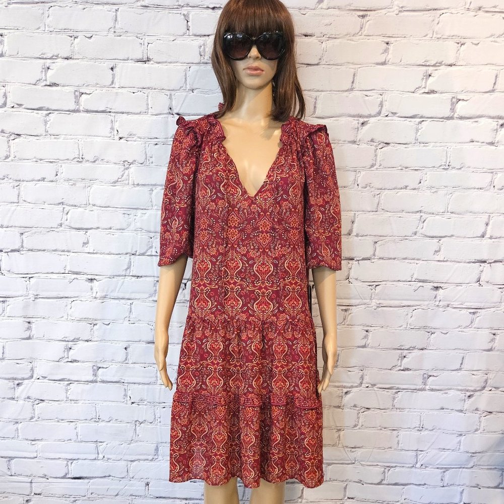 NWT!!! MAX STUDIO, Boho burgundy long sleeve floral pattern dress, size: large - Picture 7 of 15